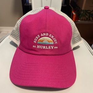 Hurley Unisex SnapBack Trucker Hat. Surf & Enjoy. Pink & White. Mesh Back. NWT